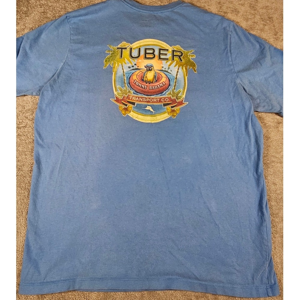 Tommy Bahama Relax Mens L Blue Tuber Transport Co Parrot Graphic T-Shirt Cotton